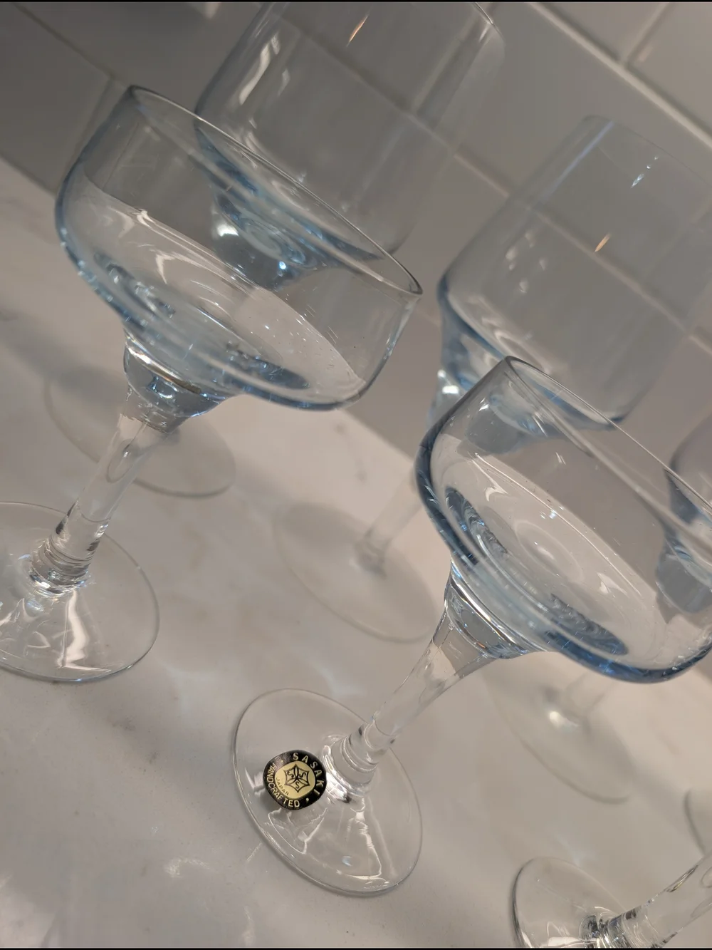 Mid-Century Modern Light Blue Sasaki Glass Wine Glasses & Cocktail Coupes - Set